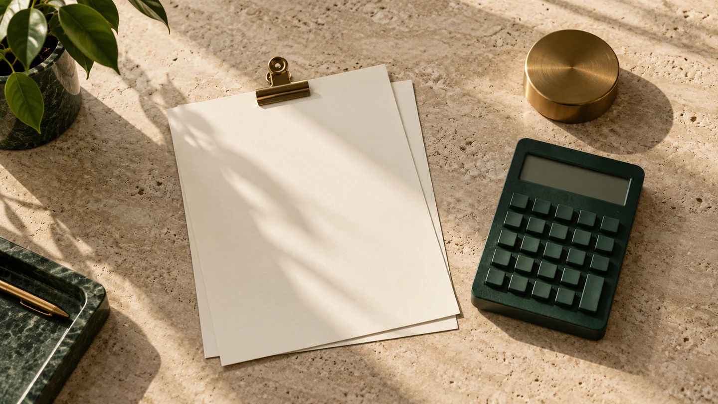 Blank invoice sheets with a brass clip beside a forest-green calculator on warm stone.