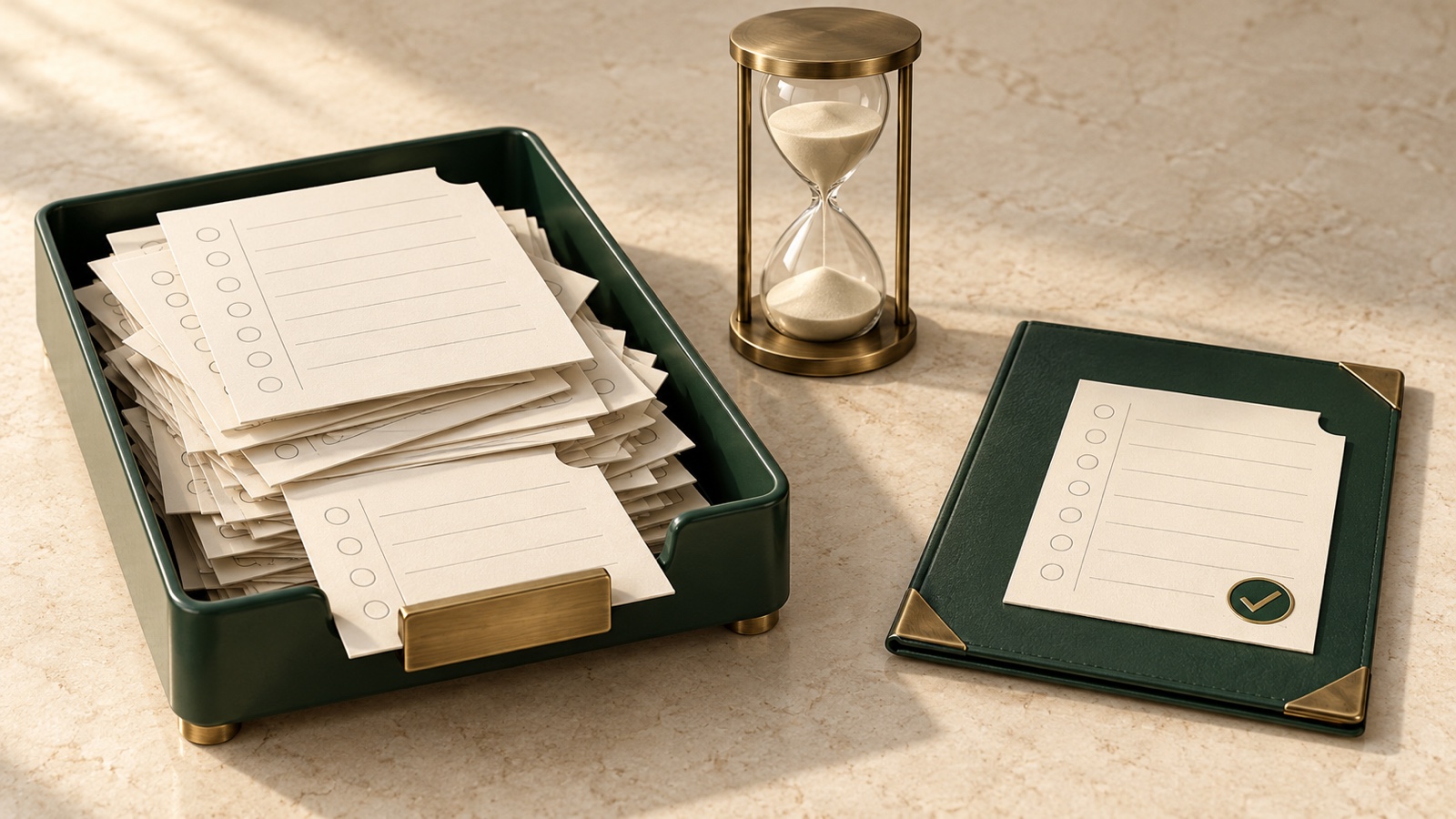 Repeated unfinished transaction slips fill a green tray beside an hourglass and a single completed record.