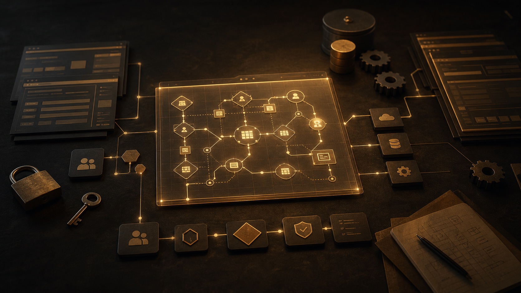 Monarch application map connecting AI agents to APIs, permissions, workflows, legacy systems, and data dependencies