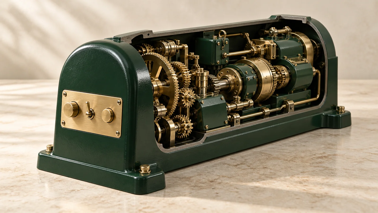 A small brass control panel on a forest-green machine, cut away to reveal a much larger mechanism behind it.