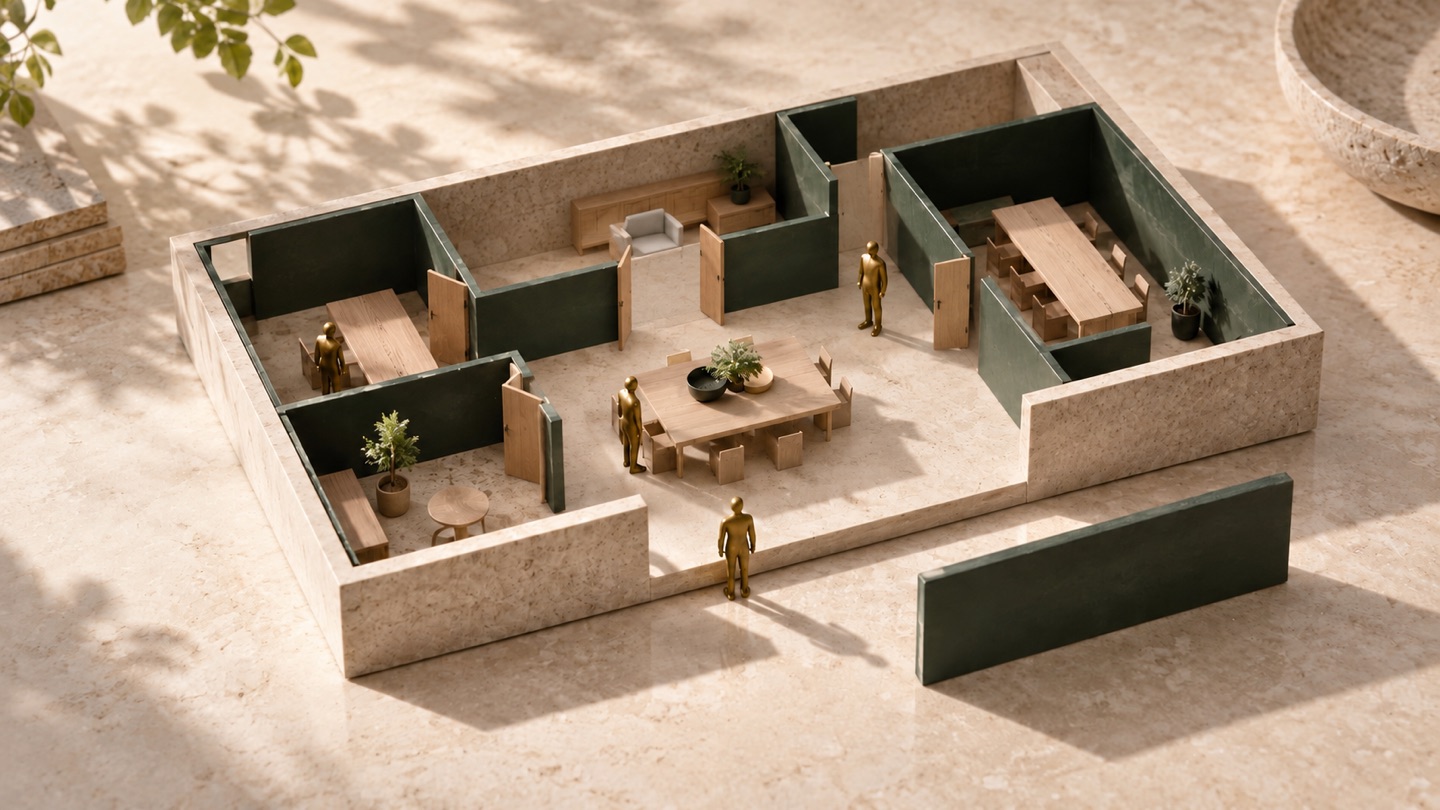 An architectural workspace model with open doorways connecting meeting rooms and a lounge to the shared workspace.