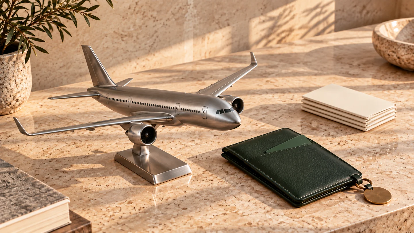 A brushed-metal aircraft model beside a green travel wallet, keycard, and folded documents on warm stone.
