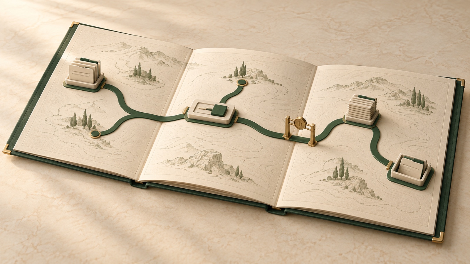 An open ivory atlas with a green route linking record stacks, an action platform, and a brass checkpoint.