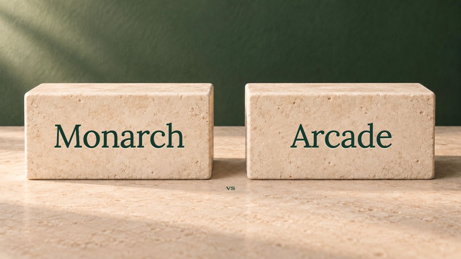 Two limestone blocks labelled Monarch and Arcade in the website’s Lora serif.