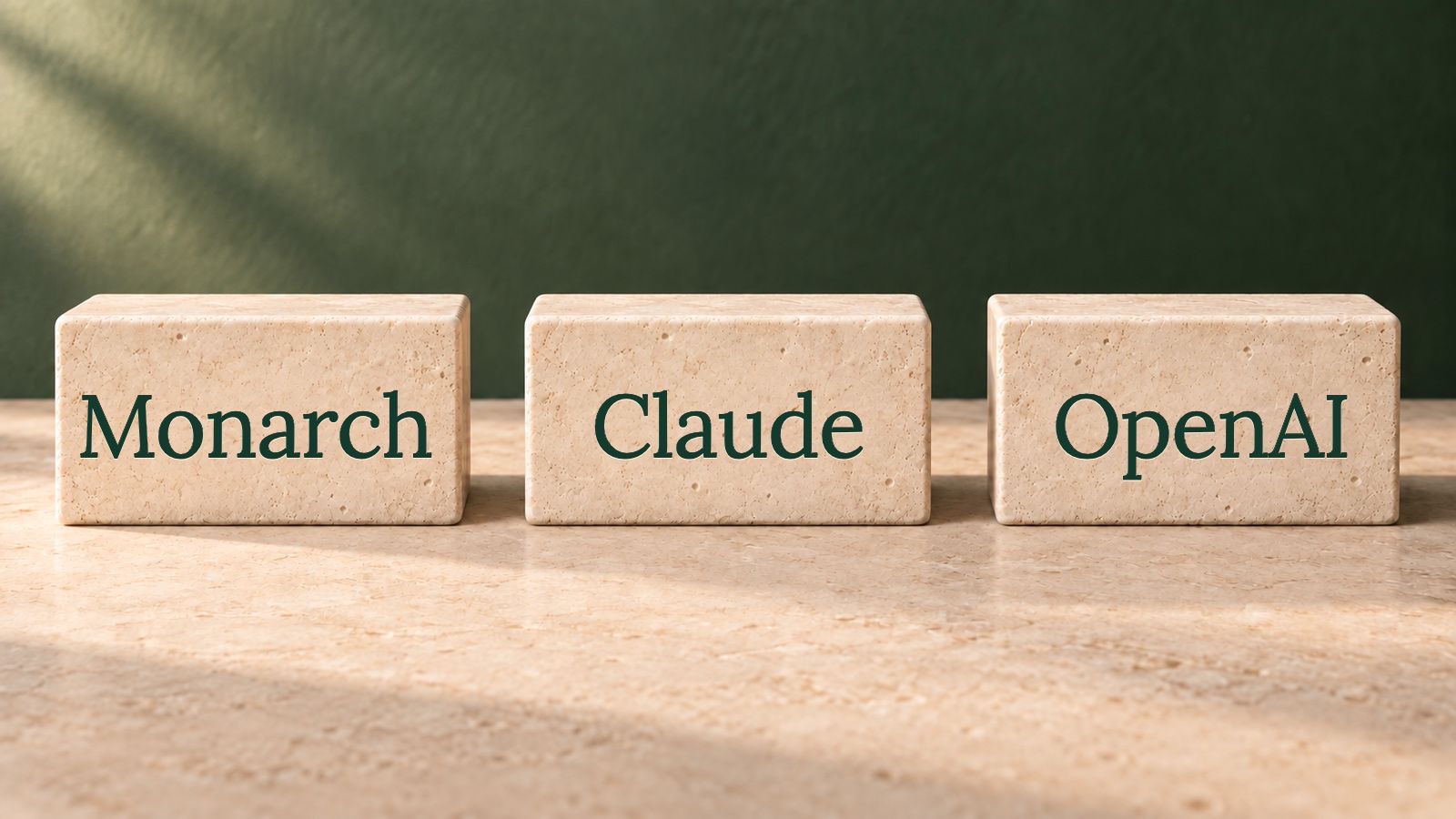 Three separate limestone blocks labelled Monarch, Claude, and OpenAI in the website’s Lora serif.