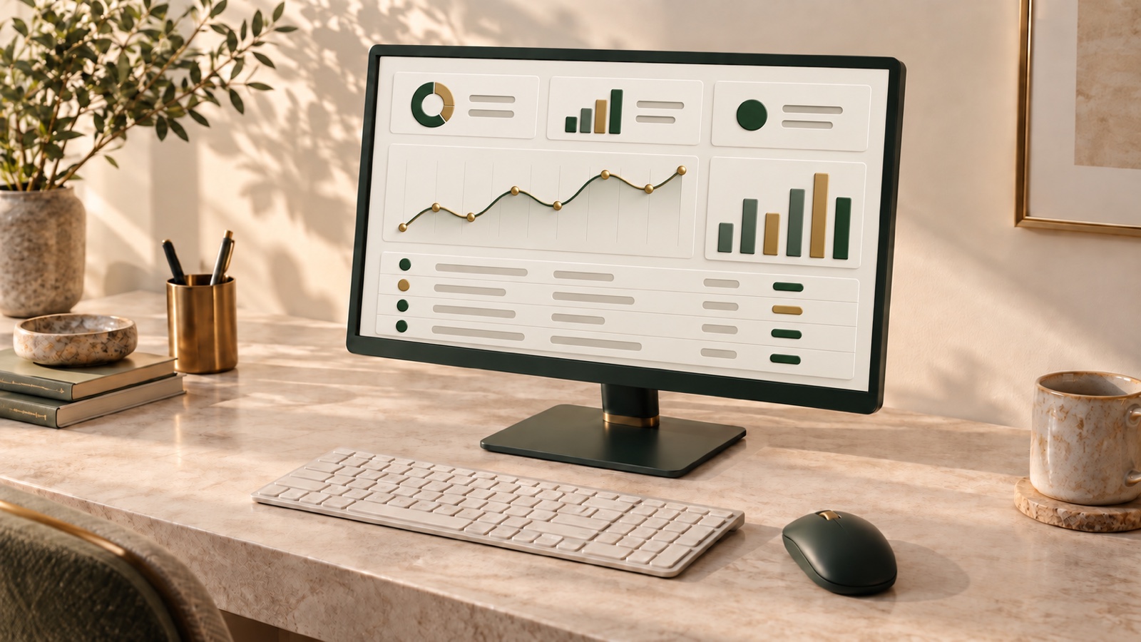 A forest-green desktop computer with sculpted dashboard charts on a limestone desk, surrounded by plants, books, and brass accessories.