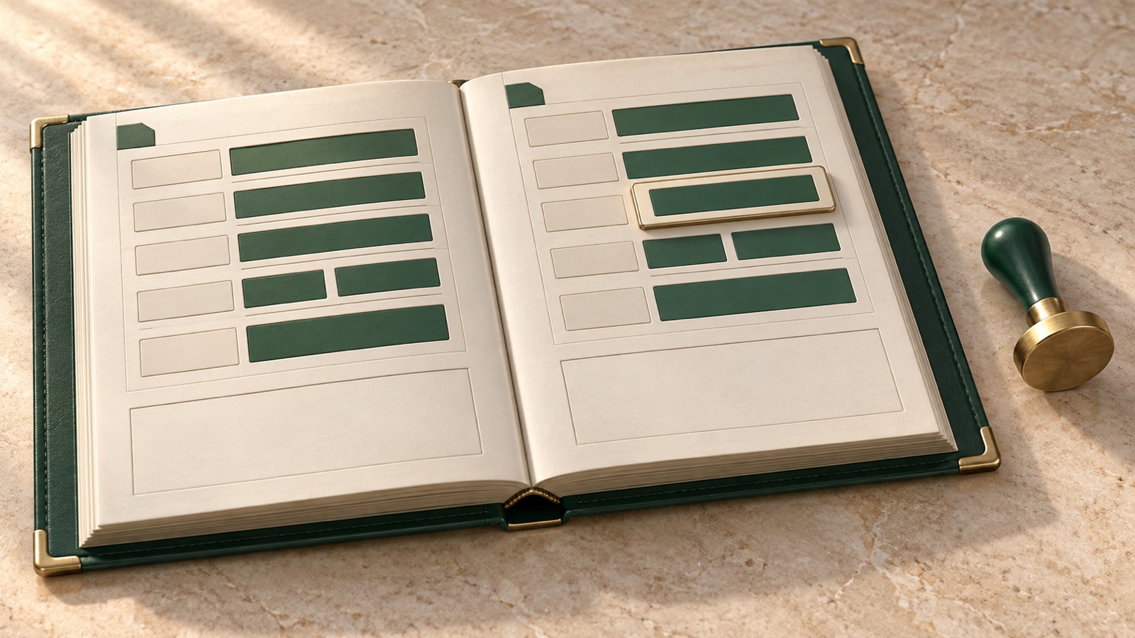 An open green ledger shows an intact record beside a proposed custom field, with an unused brass review stamp resting nearby.