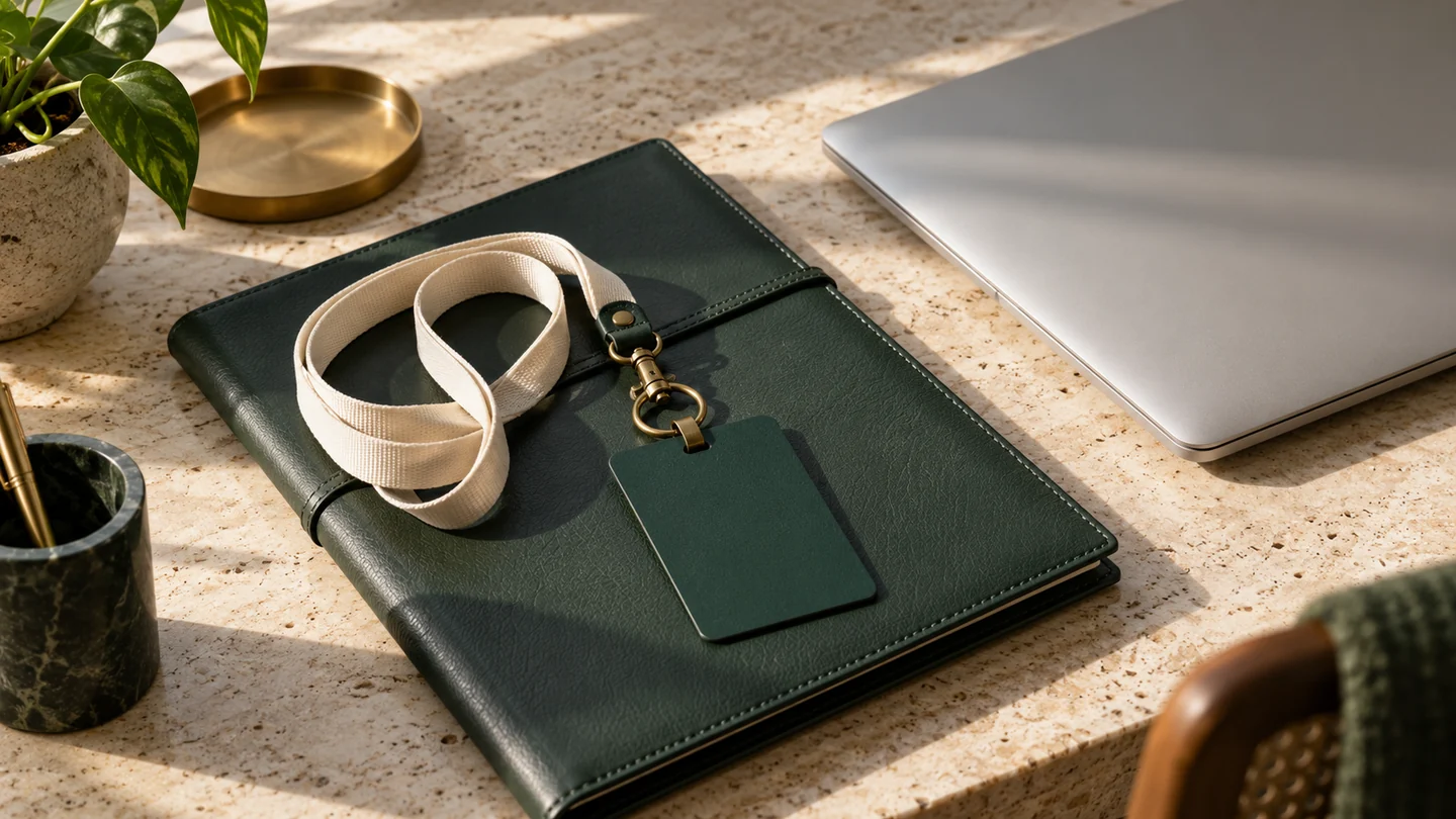 Blank green access card and ivory lanyard on a green folio beside a closed aluminium laptop.