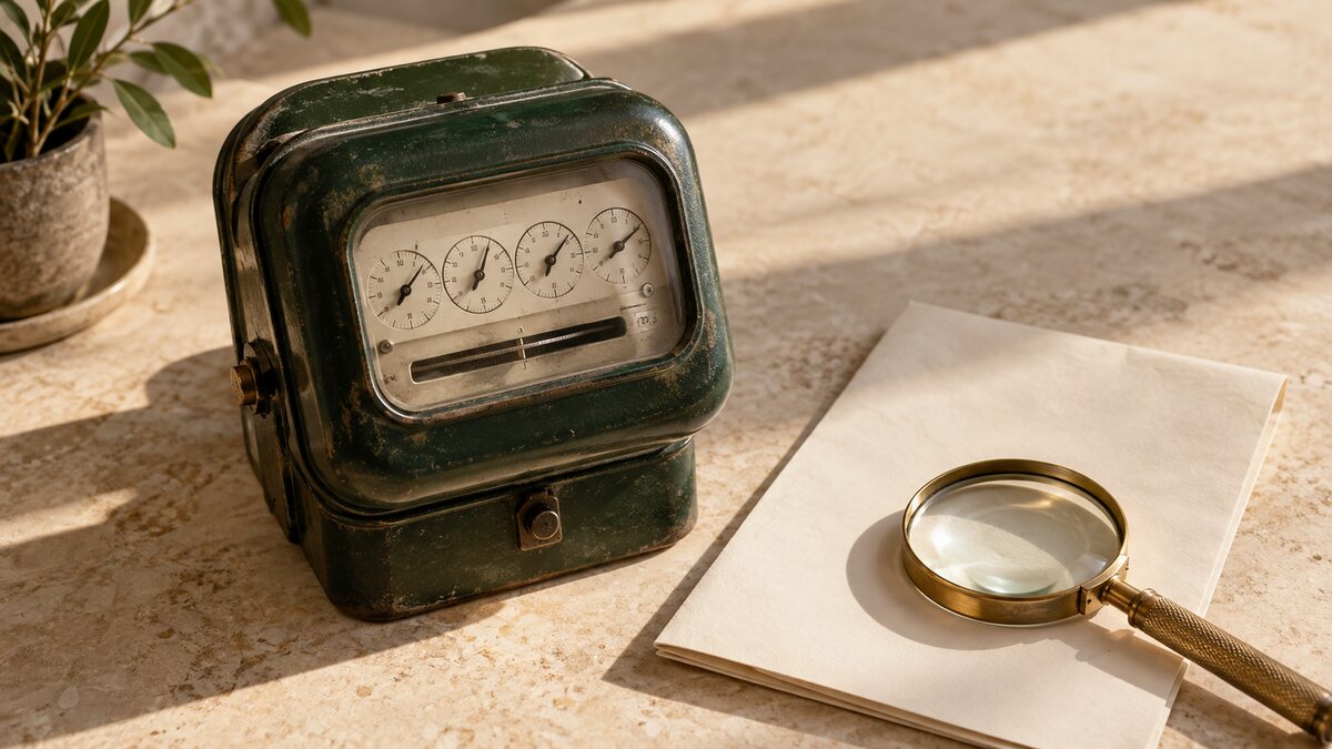 Editorial still life of an electricity meter, paper bill, and brass magnifying glass.