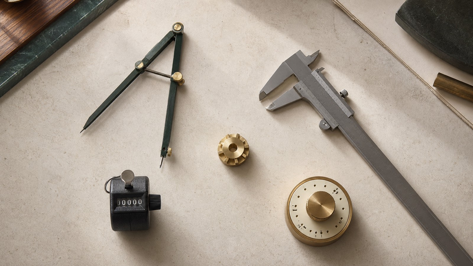 Four precision instruments arranged around a completed brass workpiece