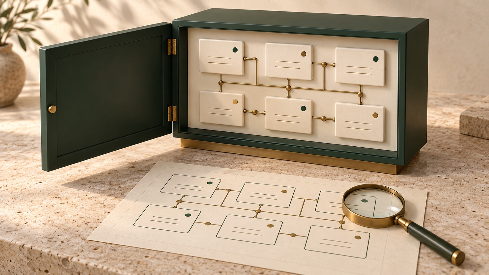 An open green cabinet reveals connected records, with their relationship map laid out on limestone beneath it.