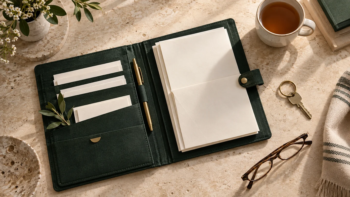 An organised green folio with correspondence, house keys, and a cup of tea on a cream desk.
