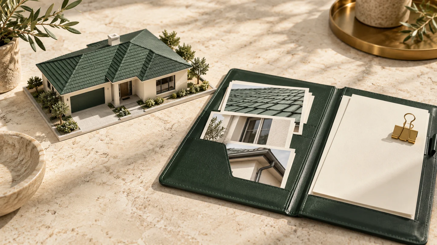 Model home beside a green folio of property inspection photographs and paperwork.