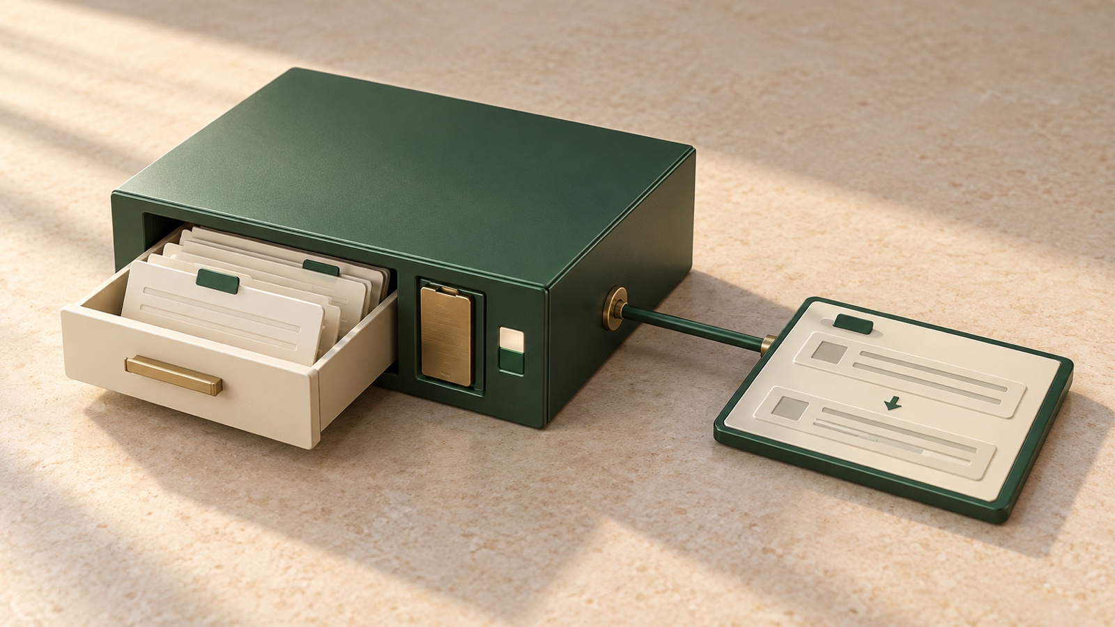 A green internal-application module with an open record drawer, a seated brass access token, and a connected operation card.