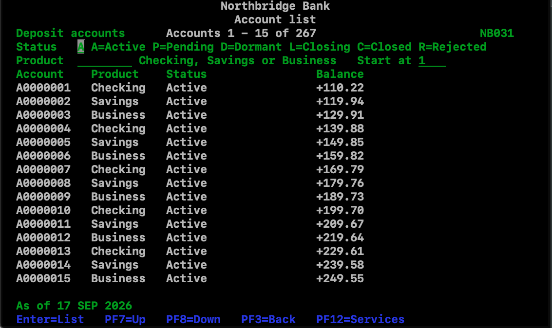 Account list in the example Northbridge Bank 3270 terminal application.