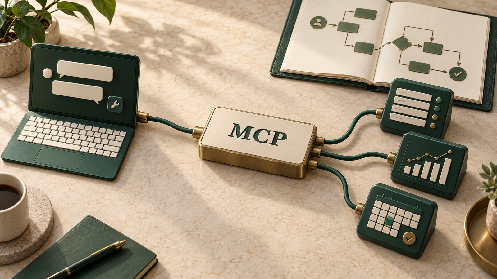 An AI workstation connects through an MCP-labelled interface to three business application modules, with a separate workflow plan behind them.