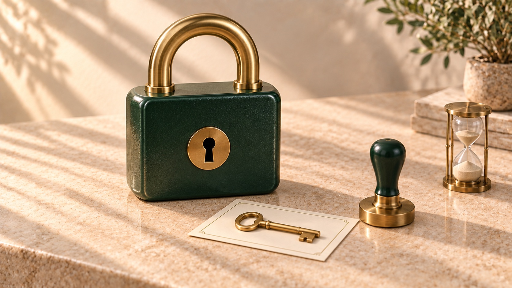 A forest-green padlock with a brass key, approval stamp, and hourglass on a warm stone desk.