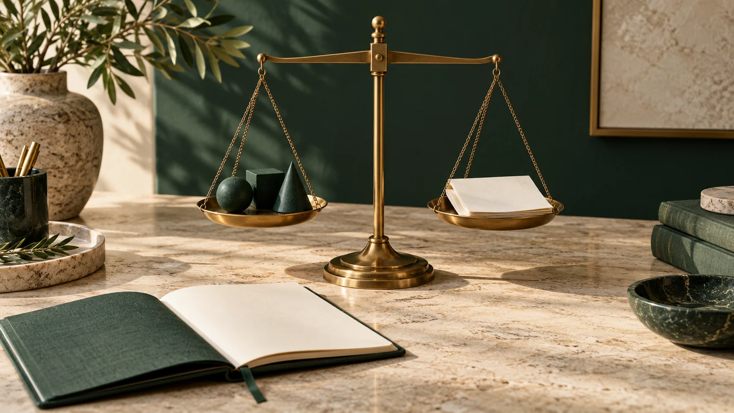 Brass balance scale with green geometric weights and folded ivory paper beside an open green notebook.