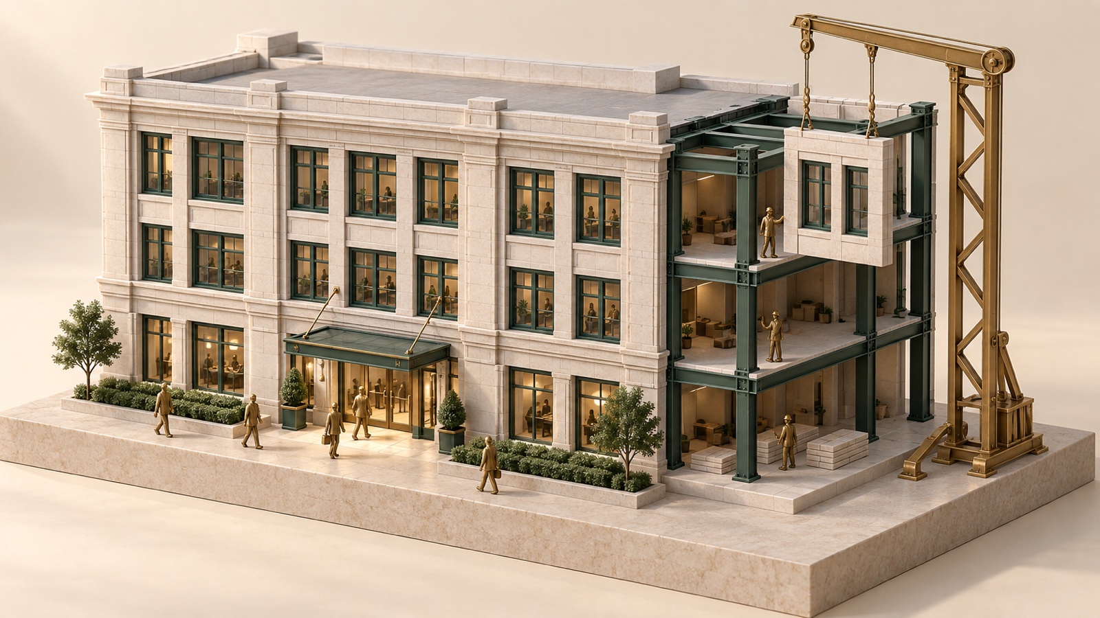 A limestone business building remains open while a brass crane replaces a facade section beside its exposed green structural frame.