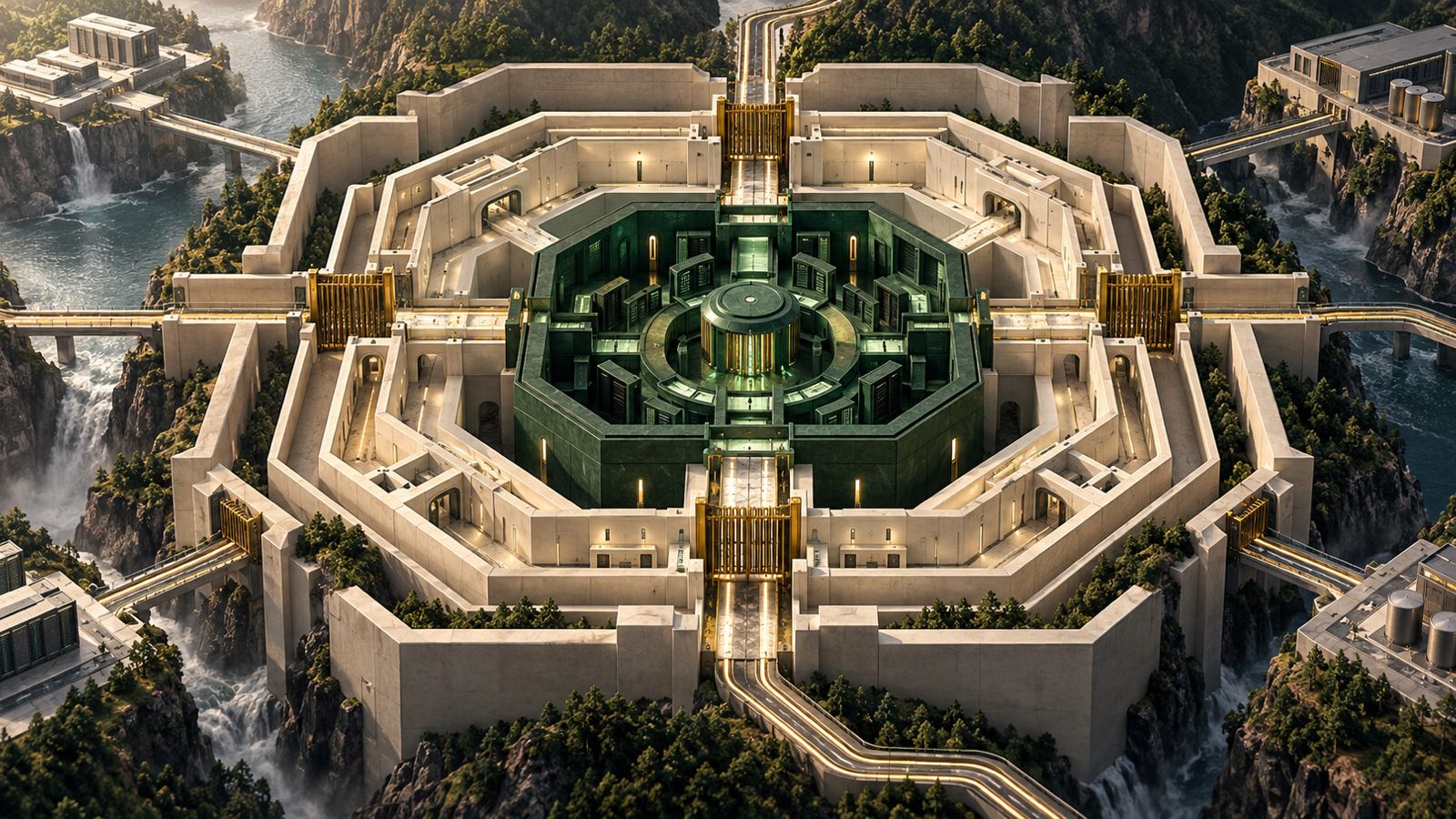 Nested ivory boundaries and brass gates surround a green central chamber, with routed connections to external systems.