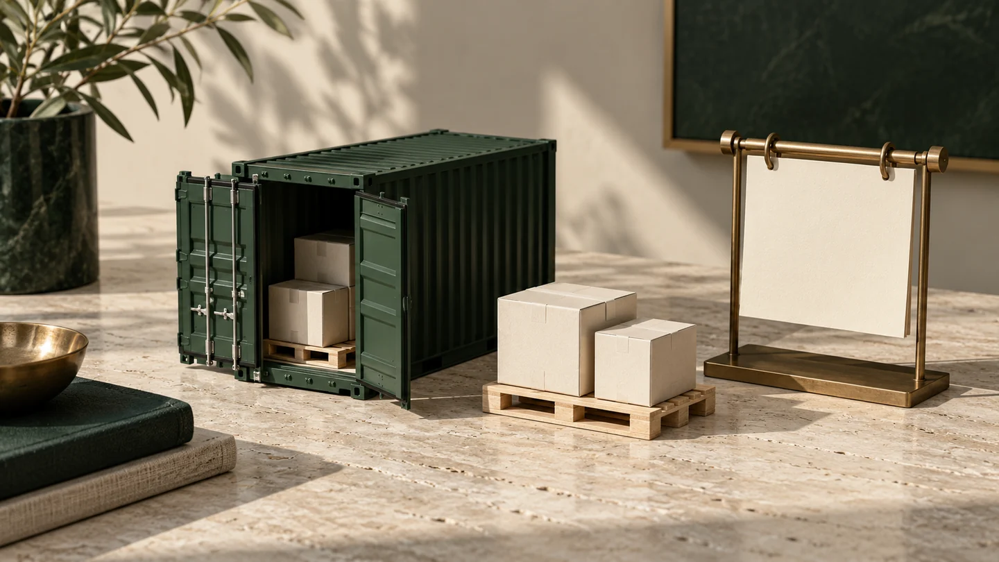 Forest-green model shipping container, ivory cartons on a pallet, and a blank brass desk calendar.