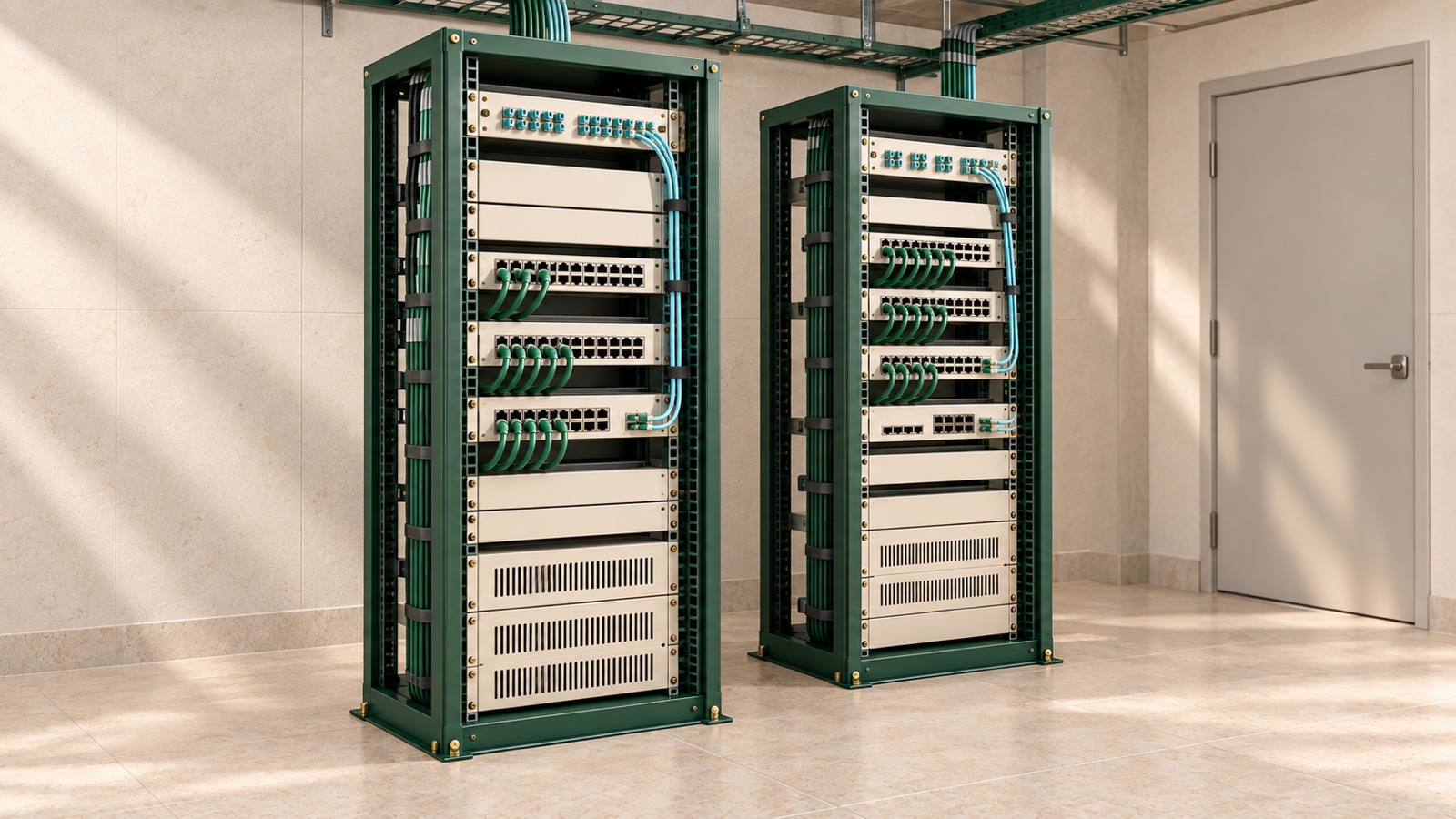 Two full-height green network racks with organised patch panels and cabling stand in an enterprise IDF room.