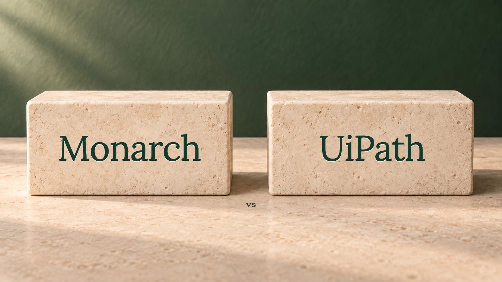 Two limestone blocks labelled Monarch and UiPath in the website’s Lora serif.