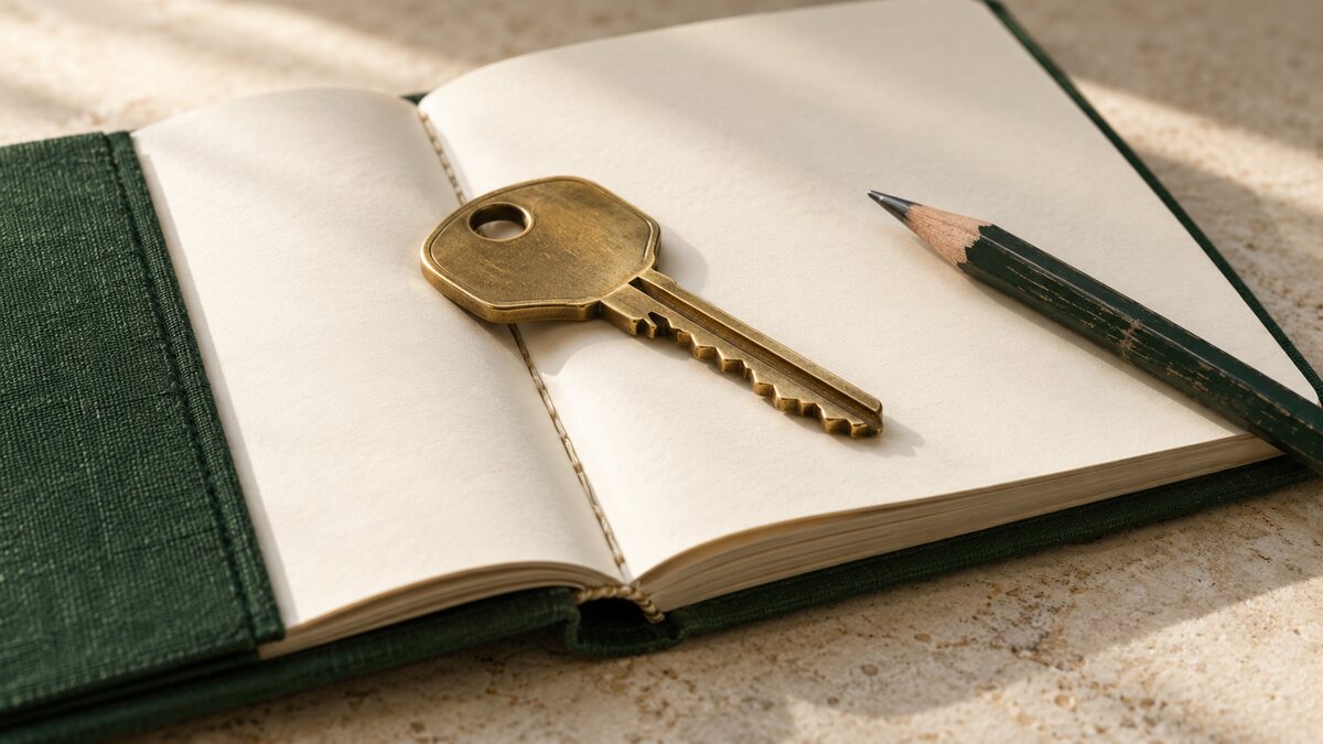 A brass key and graphite pencil on an open green clothbound logbook.