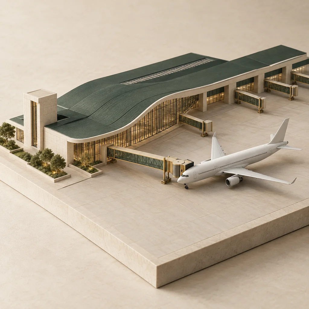 Architectural model of an airport terminal and an aircraft at its gate.