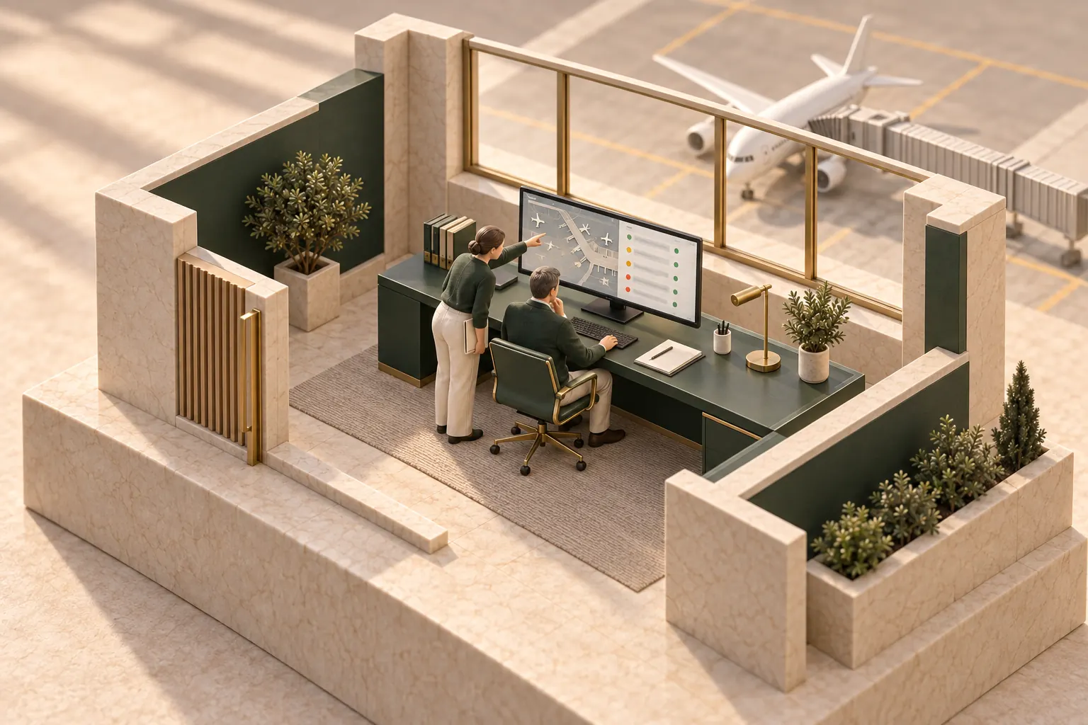 Architectural miniature of two airline operations specialists reviewing an airport map and flight-status rows beside a terminal window.