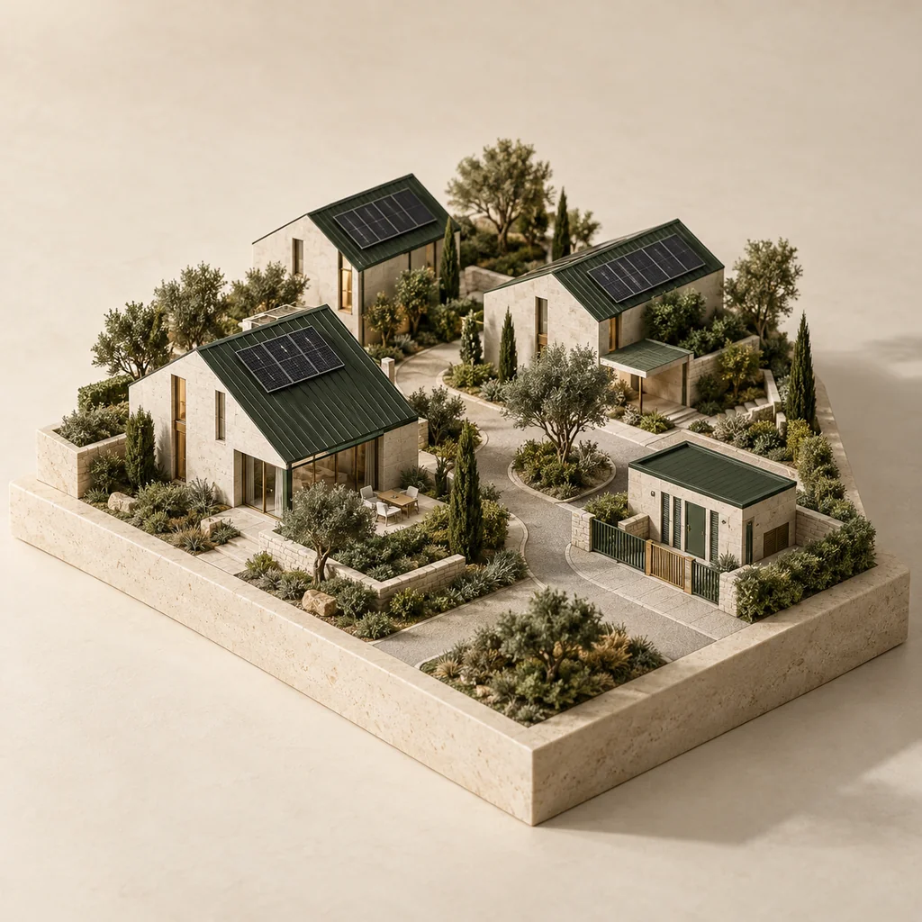 Architectural model of a neighbourhood with solar rooftops and an electrical substation.