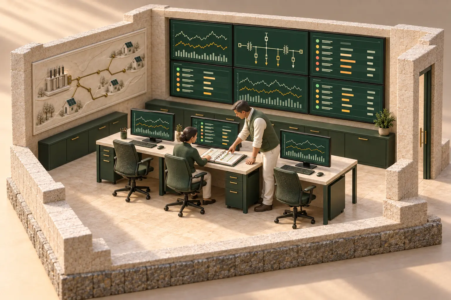 Architectural miniature of utility operators at shared workstations facing a grid-monitoring video wall beside a substation relief.