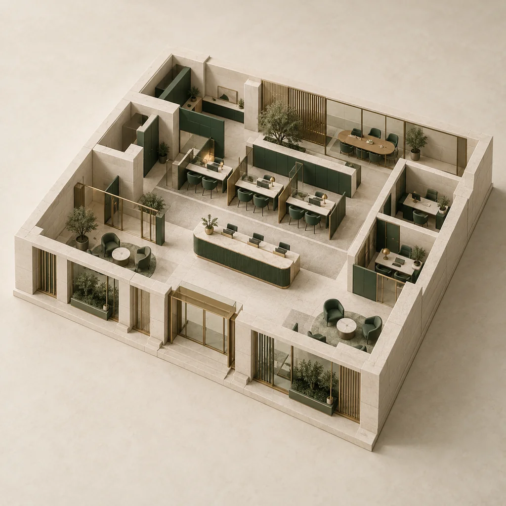 Architectural model of a bank with ivory bays, green partitions, and brass details.