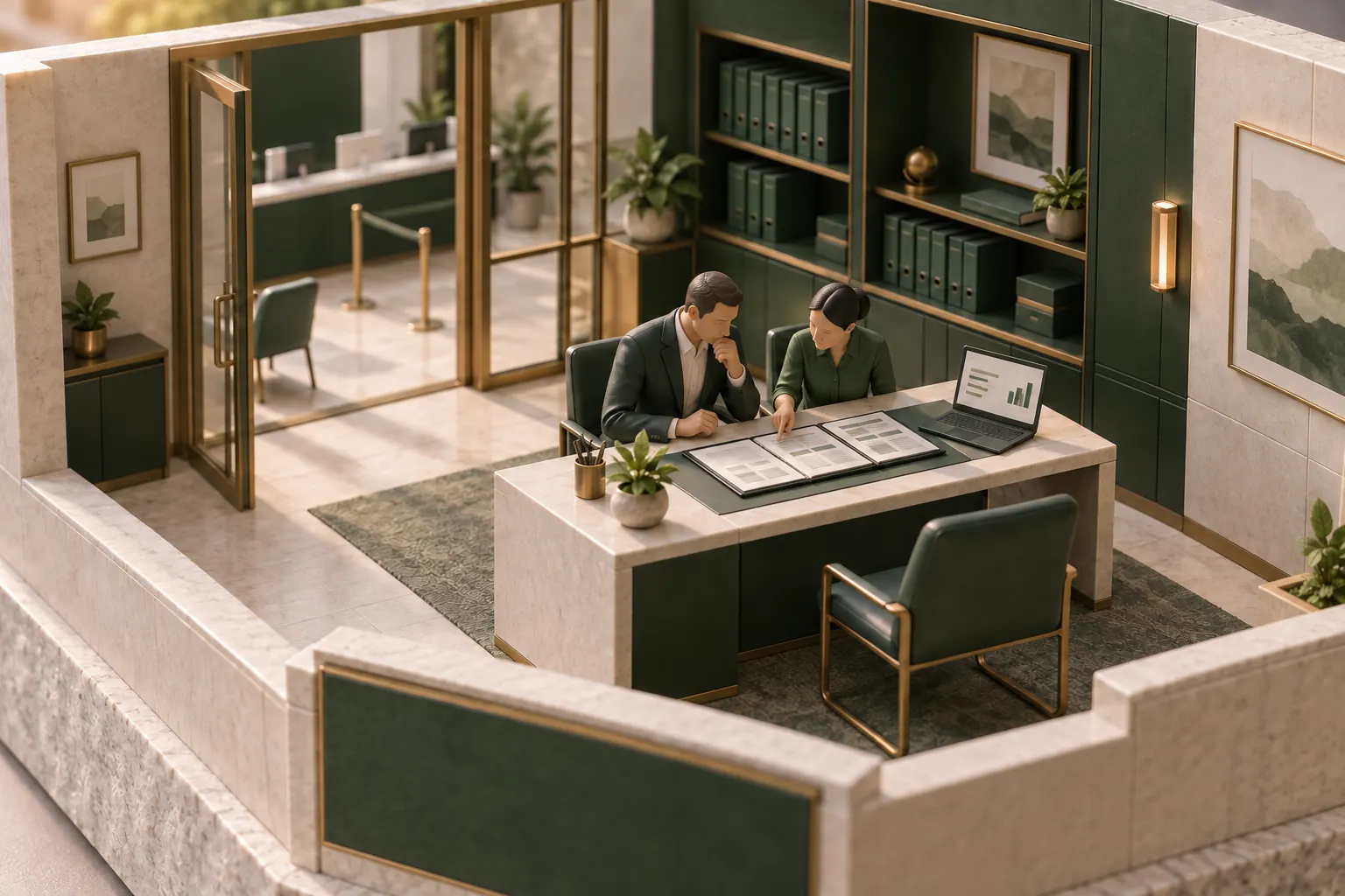 Architectural miniature of two financial-services specialists reviewing case documents and a simplified chart in a forest-green and limestone office.
