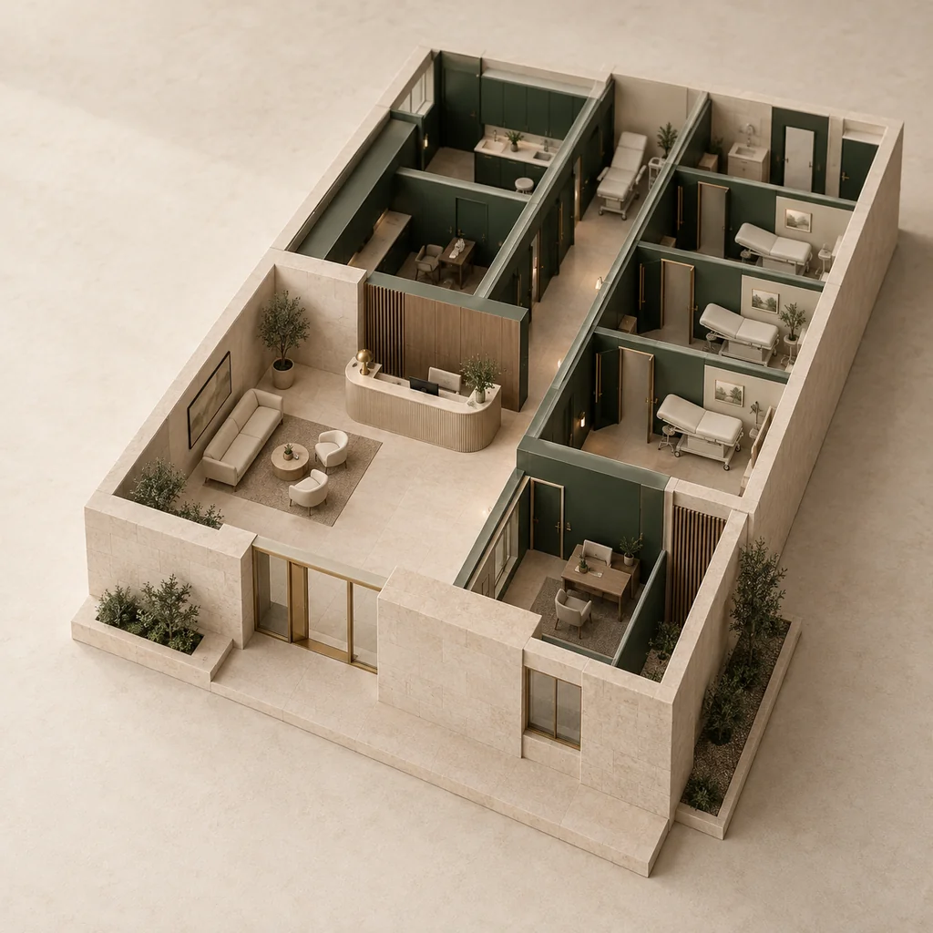 Architectural model of a clinic with ivory walls and forest-green rooms.