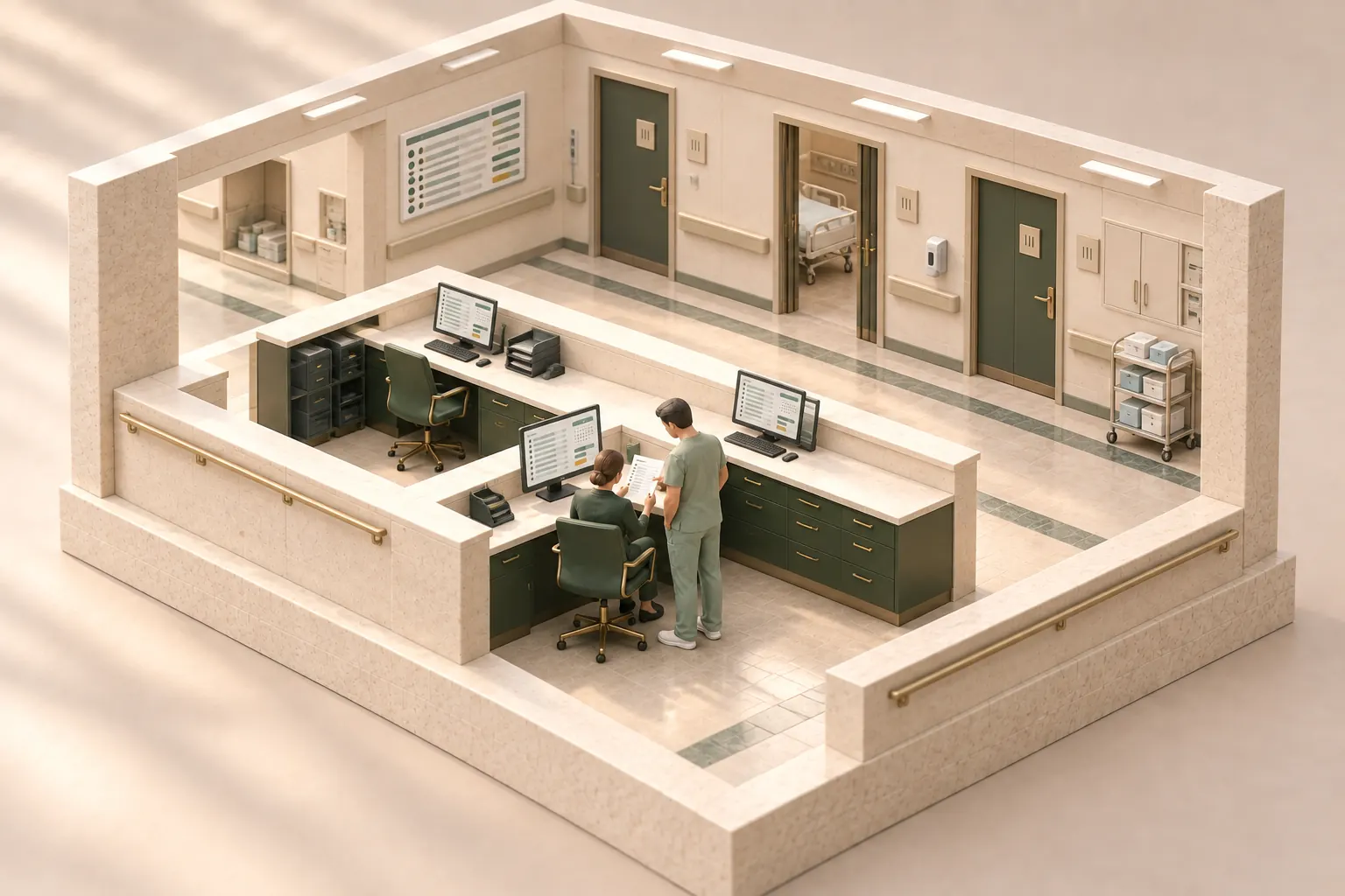 Architectural miniature of hospital staff reviewing a case at a shared nurses’ station with multiple workstations beside a ward corridor.