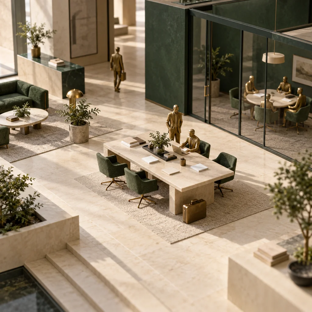 Architectural model of a professional services workspace in ivory, forest green, and brass.