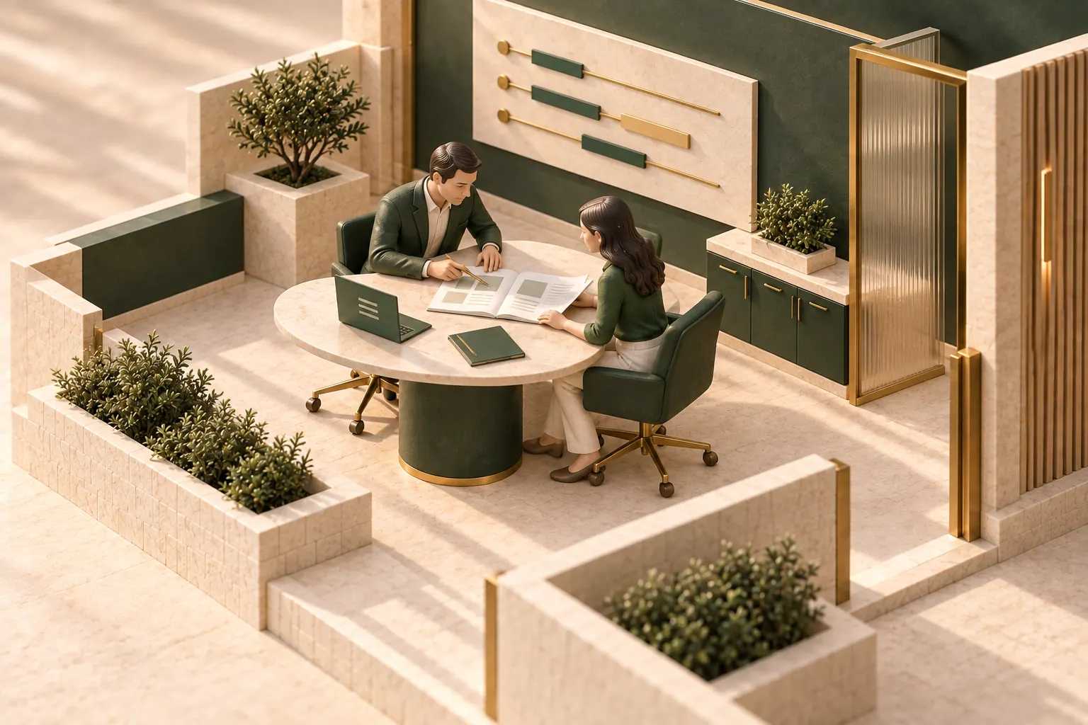 Architectural miniature of two professional-services colleagues reviewing a shared client brief at a stone meeting table beneath a project timeline.