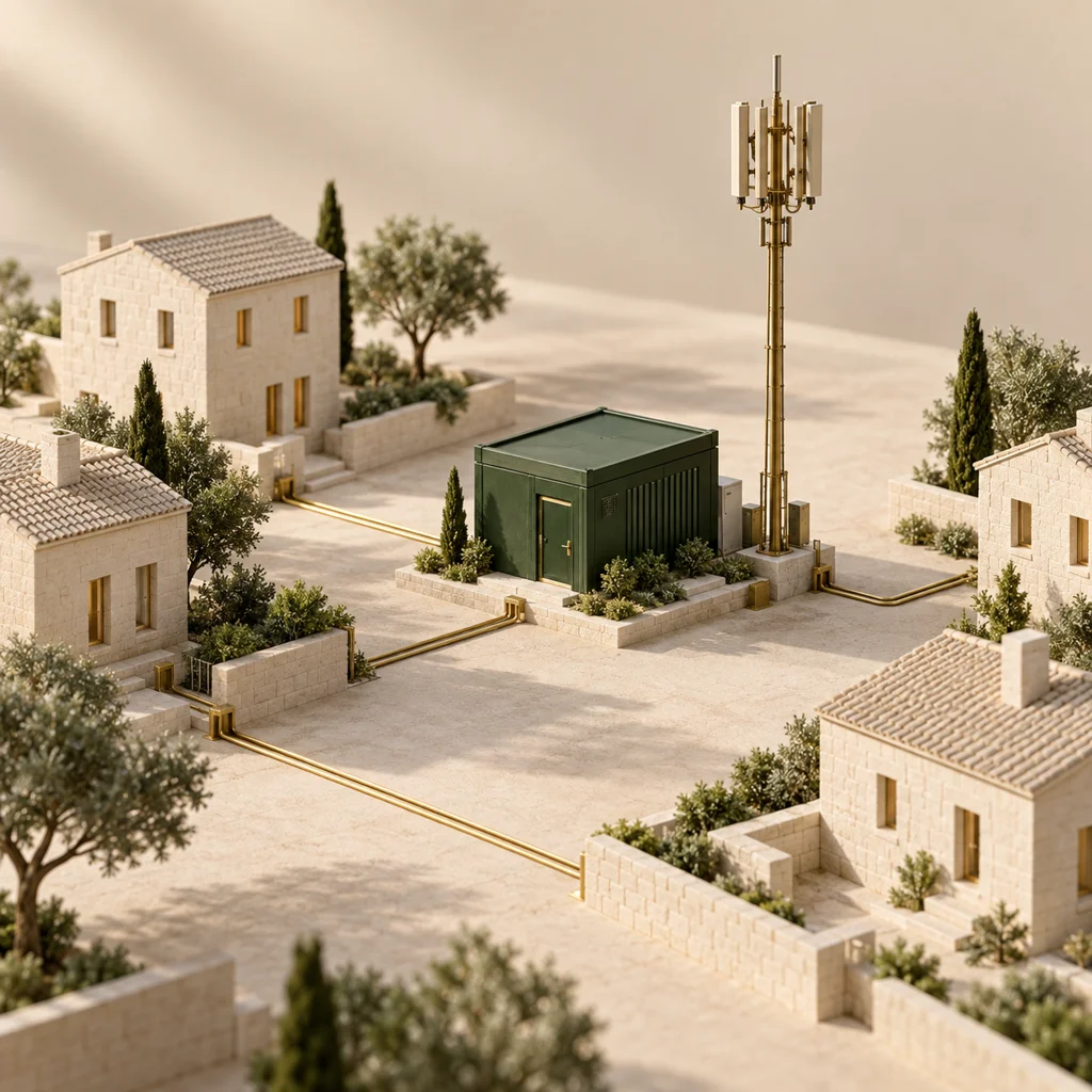Architectural model of a telecommunications exchange connecting a neighbourhood.