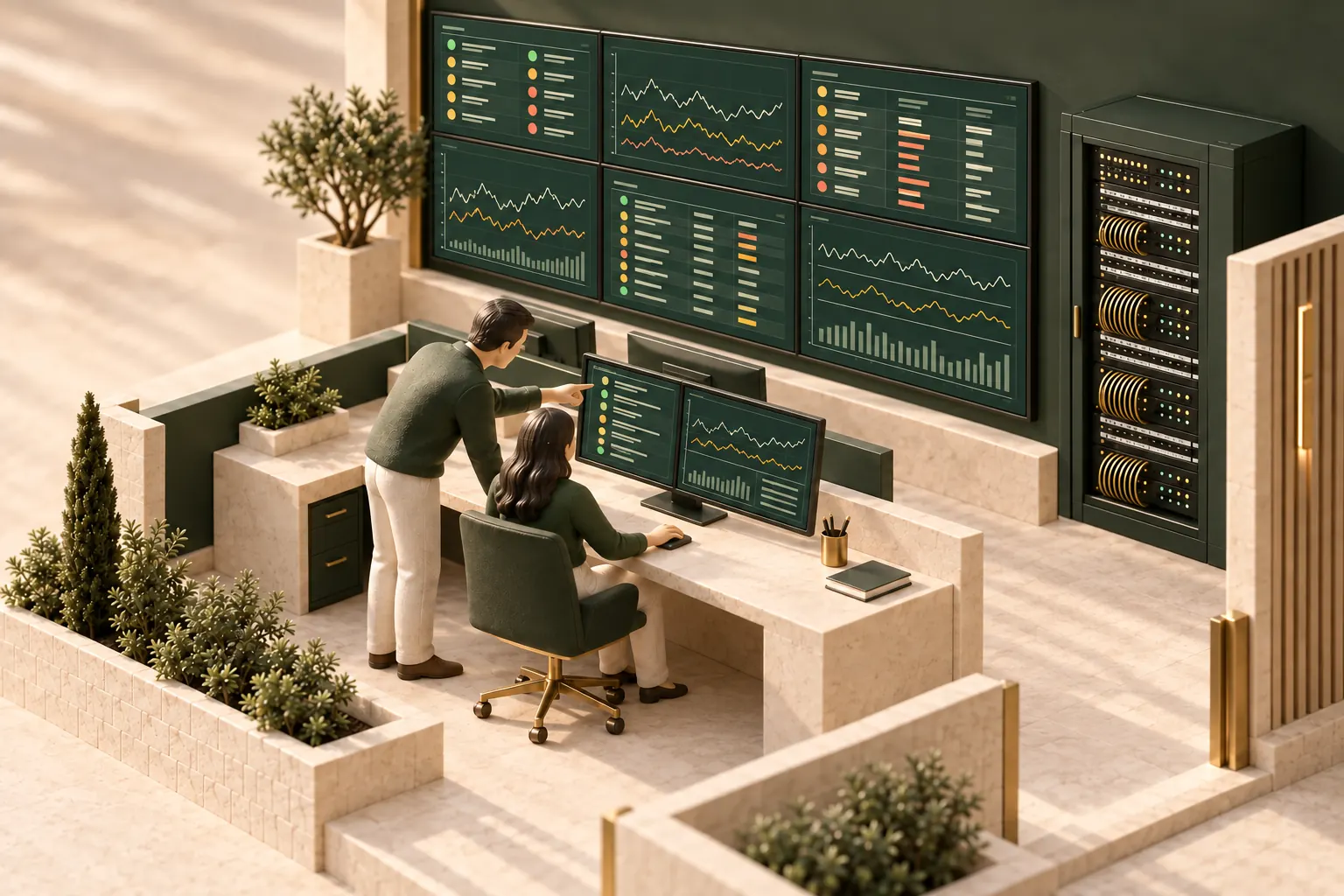 Architectural miniature of two telecom operators beneath a six-screen NOC video wall displaying traffic charts and alarm queues beside a full-height IDF cabinet.