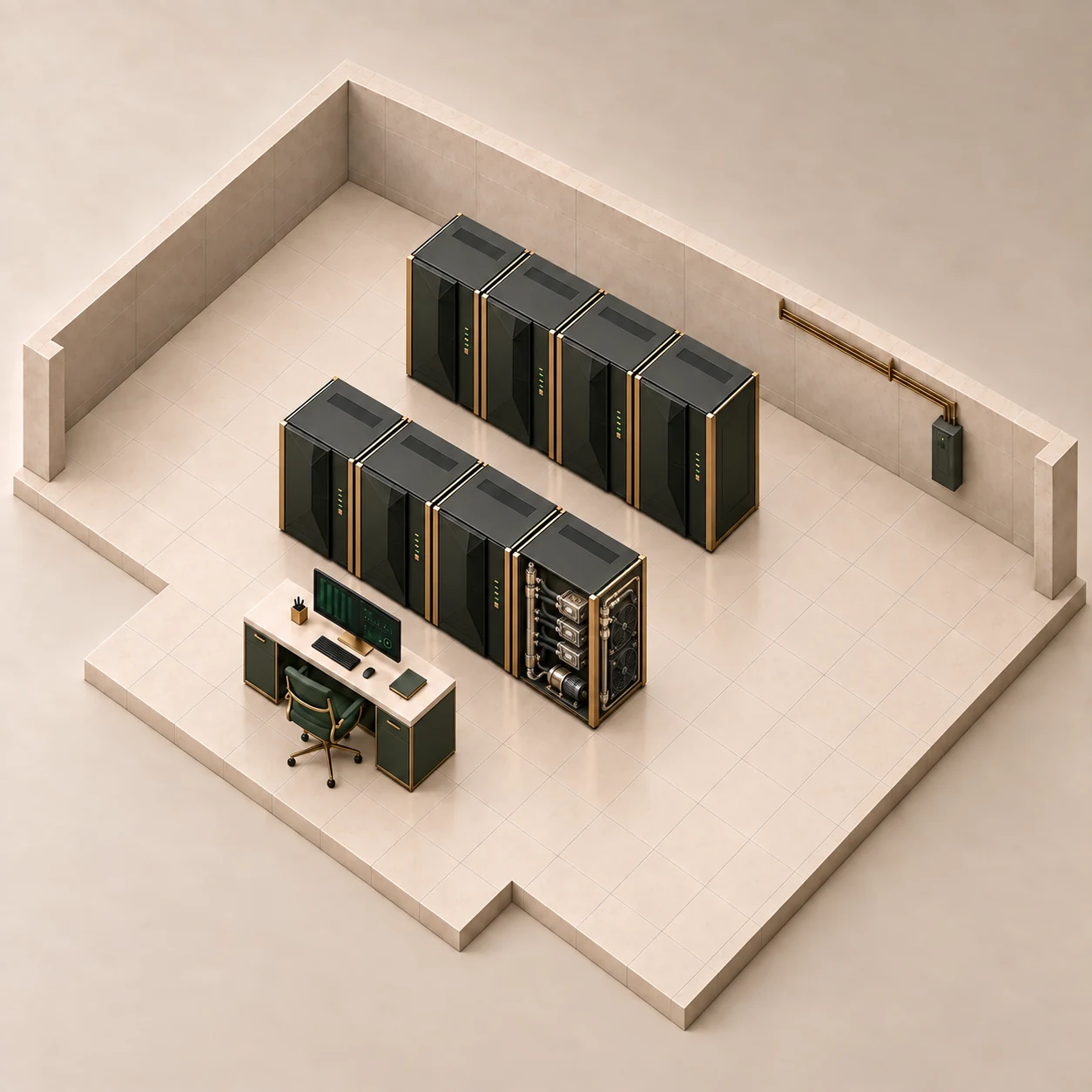 Two parallel rows of dark-green mainframe cabinets with brass trim, an exposed cooling assembly, and a workstation in an isometric limestone room.