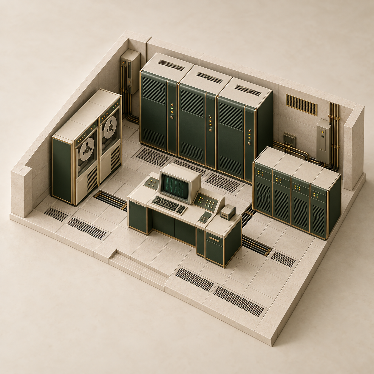 Isometric mainframe room with storage cabinets and a green-screen terminal.